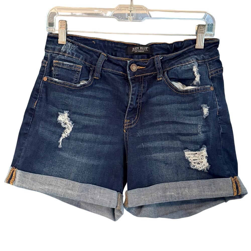 Judy Blue Distressed Denim Shorts Cuffed Stretch Mid Rise Dark Wash 28